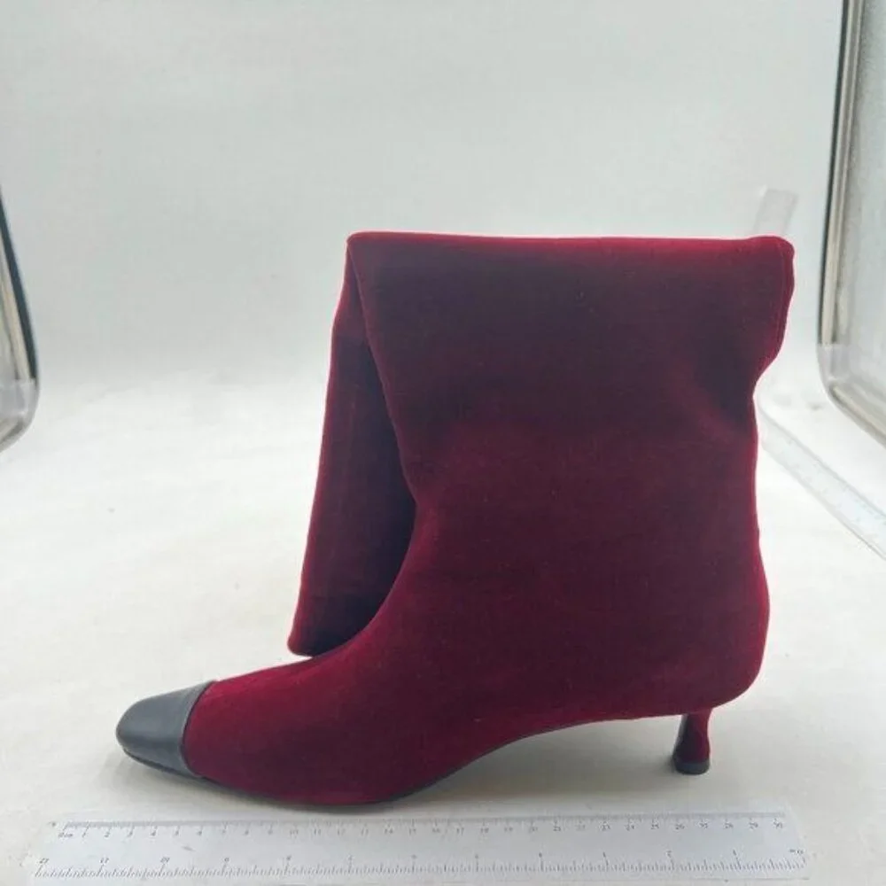 Women's Kitten Heel Faux Suede Knee High Boots Pointed Square Toe Boots Wine